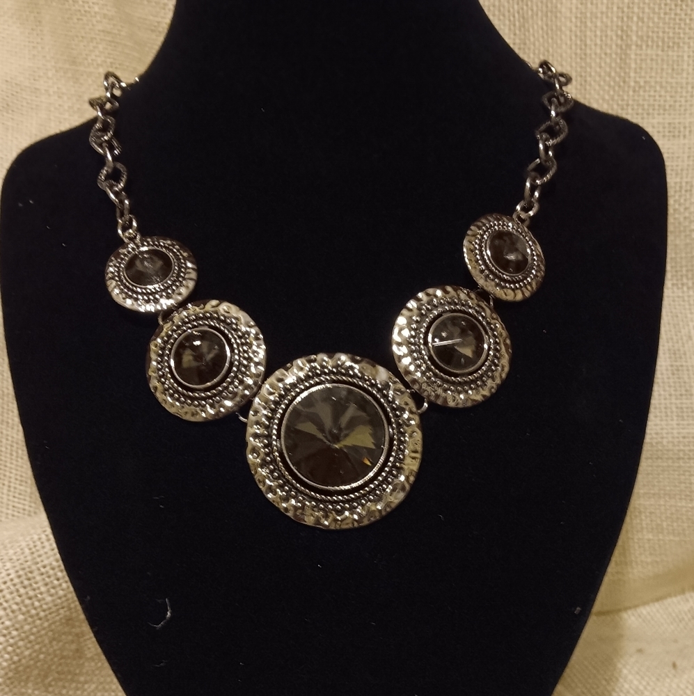 Silver circular rhinstone necklace and earring set #1 - Picture 2 of 4